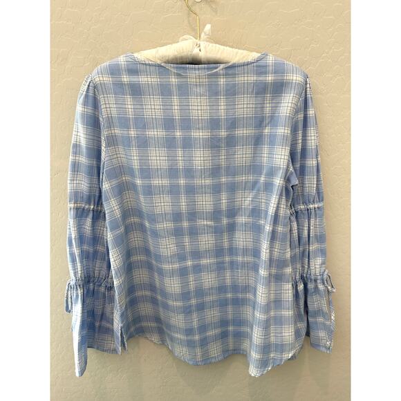 🆕 SANCTUARY | Plaid Blue White Keyhole Puff Long Sleeve Peasant Blouse | Small - Picture 4 of 7
